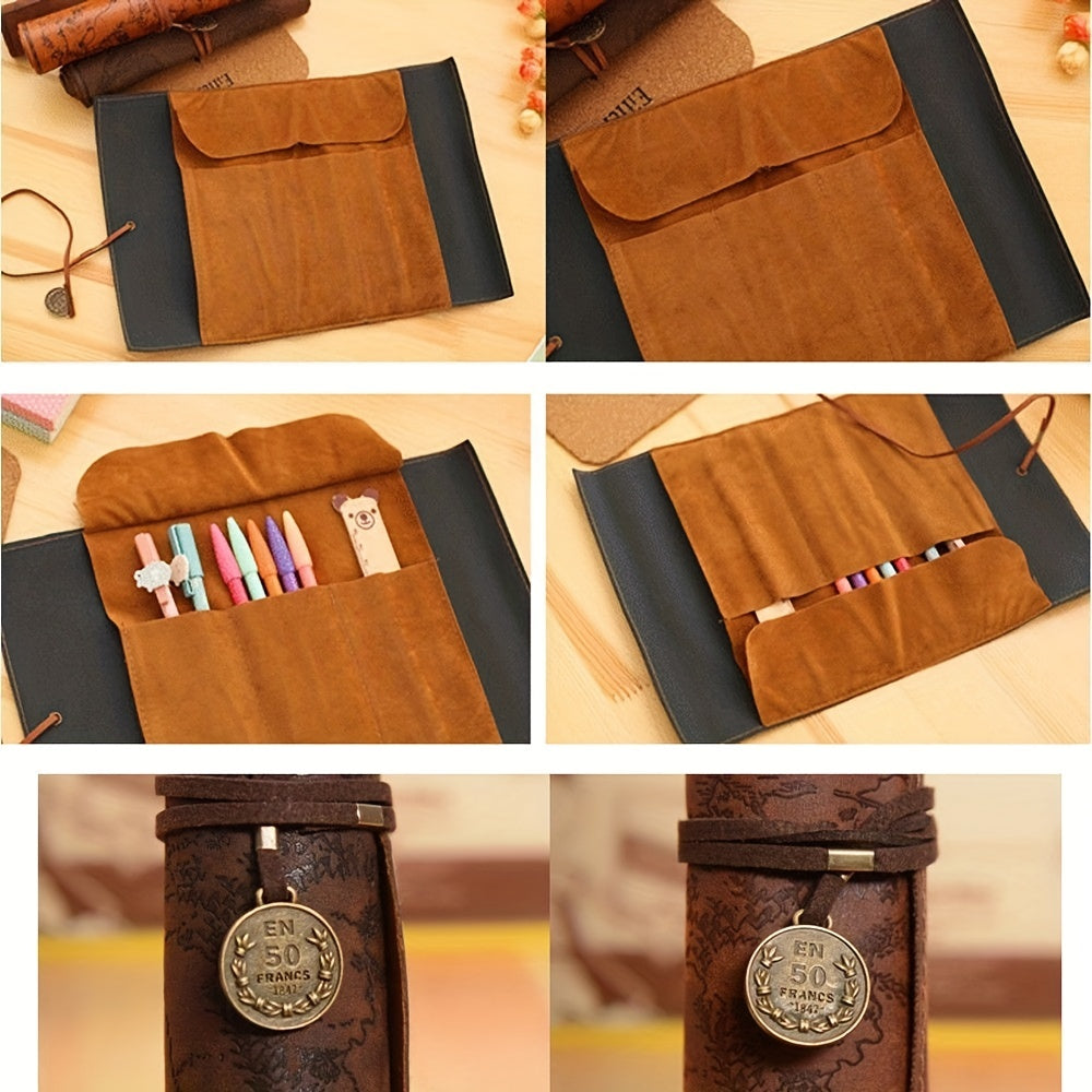 Vintage Retro Treasure Map Luxury Roll Leather Make Up PU Cosmetic Pen Pencil Case Pouch Purse Bag For School HOT