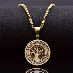1pc Retro Sacred Tree Of Life Pendant Necklace, Stainless Steel Inlaid Zirconia Men's Necklace Suitable for Daily Wear