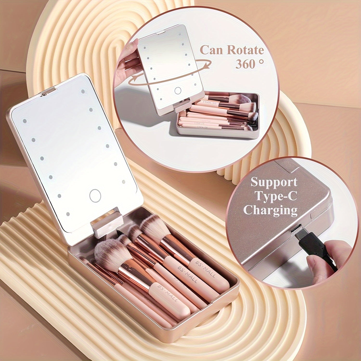Travel Makeup Brush Set Foundation Powder Concealers Eye Shadows Makeup Set with LED Light Mirror 14 Pcs Mini Makeup Brushes, Valentine's Da