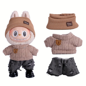 17cm Doll Clothes For Labubu With 3 Outfits - Stylish Fisherman Hat & Sweaters & Pants Or Skirt Set For 17cm Dolls, Adorable Labubu Accessories For Play & Display (Not Included Shoes & Doll)