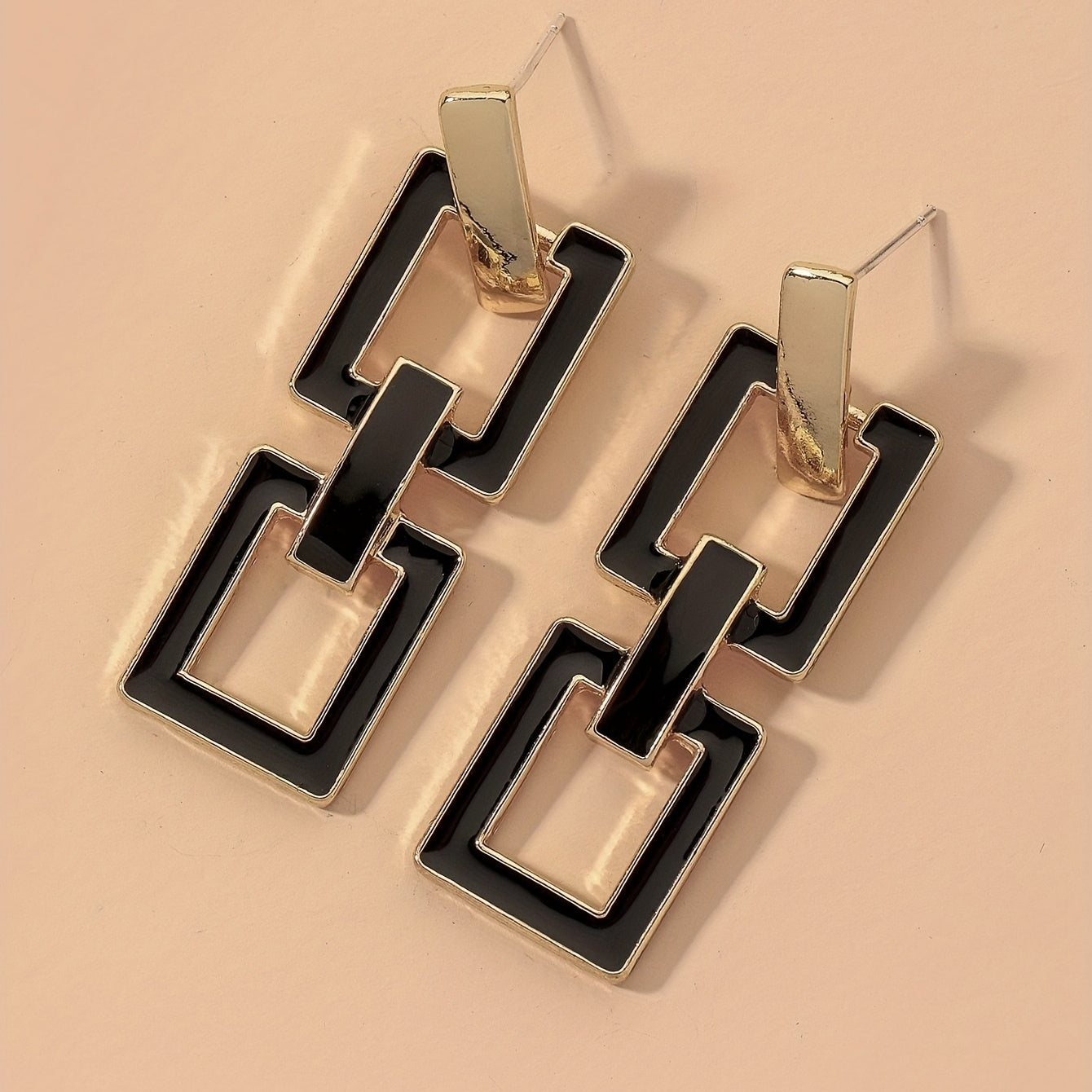 Hollow Rectangle Shape Black Enamel Dangle Earrings Japanese / Korean Style Alloy Jewelry Daily Wear Accessories