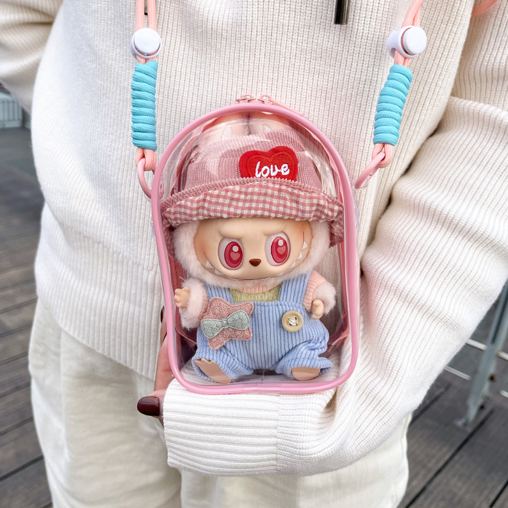 Labubu Vinyl Sitting Party 5.91inch Doll Crossbody Bag | Multi-Color Transparent PVC Storage with Cartoon Design | Adjustable Strap & Zipper Closure | Ideal for Essentials, Bag