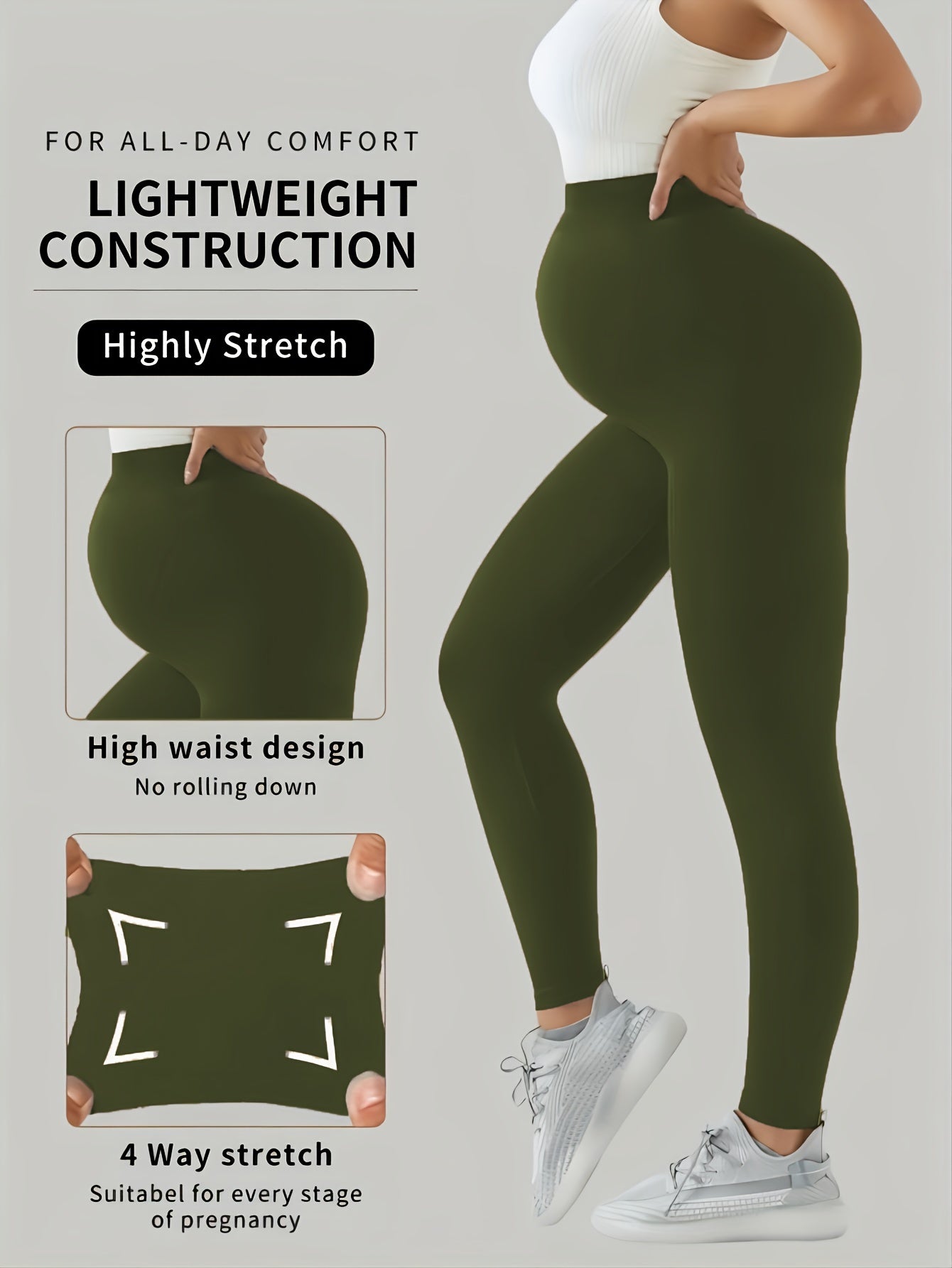 3pcs Women's High-Waist Maternity Leggings - Stretchy, Slim Fit Yoga & Sports Pants for Pregnant Women