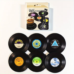 6pcs, Non-Slip Vinyl Record Coasters with Holder - Heat Insulated Cup Mat for Home and Room Decor - Drinkware Accessories