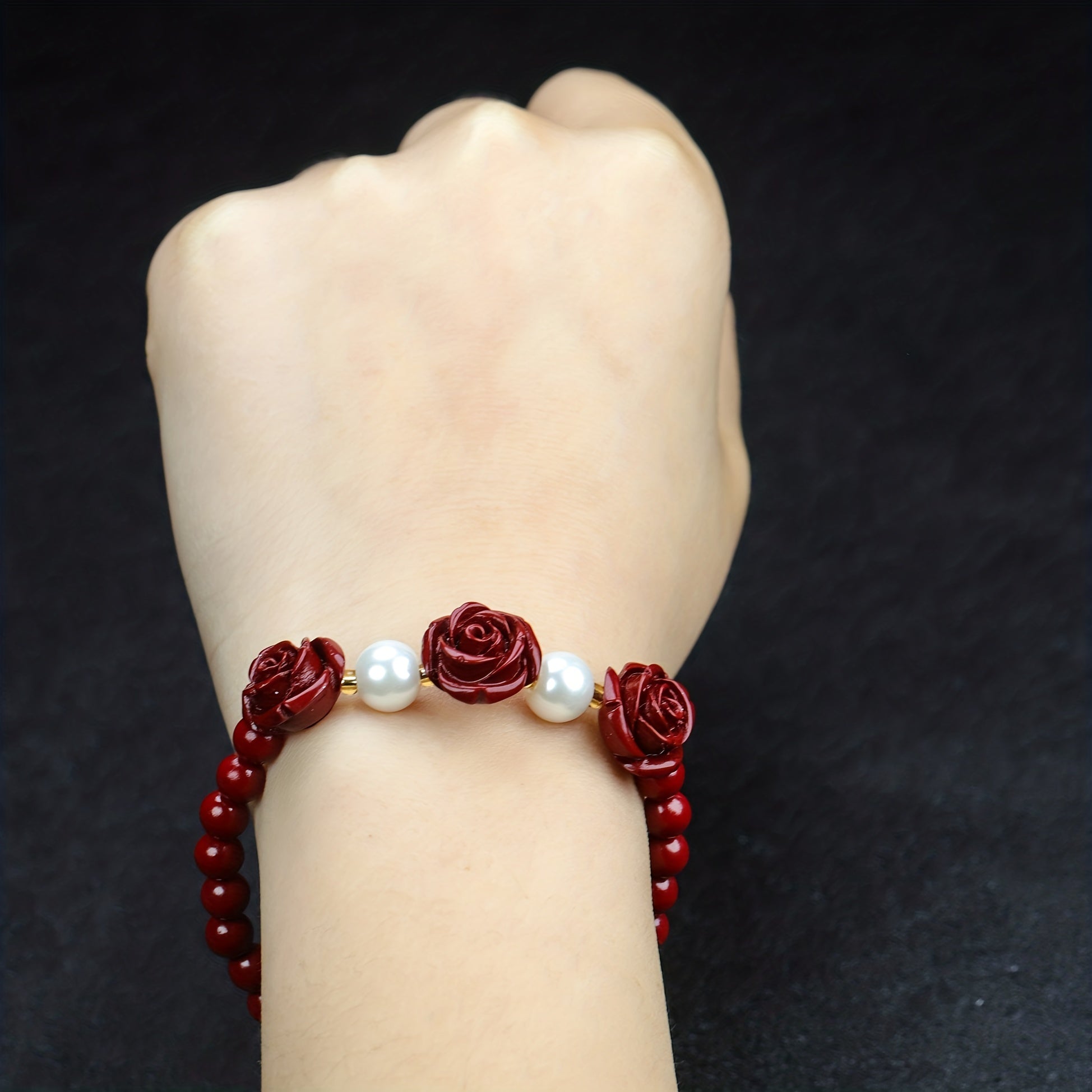 Natural Cinnabar Rose Bracelet Stretch Bracelet Ethnic Bracelet