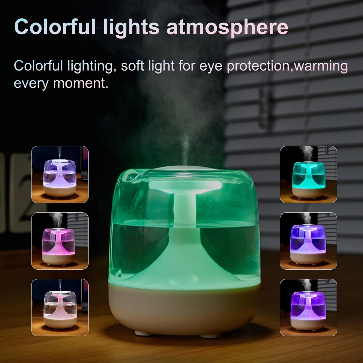 Quiet USB-Powered Home Humidifier with Seven-Color Night Light, Dual Mist Levels, Visible Water Level, 26dB Noise, Long-Lasting 24-Hour Oper