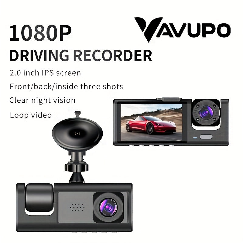 Vavupo 1080P 2&3 Channel Dash Cam for Cars - Front, Inside & Rear View with IR Night Vision, Loop Recording, Wide Angle Lens, and 5.08cm IPS Display