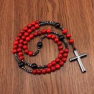 Cross-border Export Natural Stone 8mm Red Pine Stone Black Agate Black Gallstone Cross Rosary Necklace For Men Long Chain