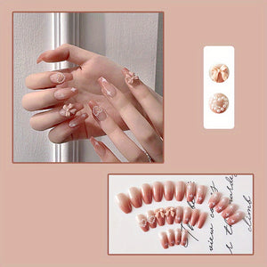 24pcs Heart Design Press On Nails with Rhinestones - Long Coffin Fake Nails for Women, Girls, and Men - Full Glue On Acrylic Artificial Nail