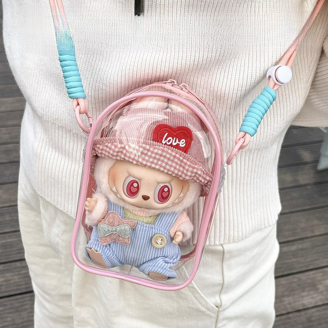 Labubu Vinyl Sitting Party 5.91inch Doll Crossbody Bag | Multi-Color Transparent PVC Storage with Cartoon Design | Adjustable Strap & Zipper Closure | Ideal for Essentials, Bag