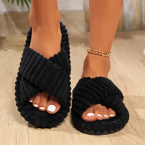 1 Pair Women'S Minimalist Striped Slippers - Comfortable Warm Soft Plush Open-Toe Slip-On House Shoes with EVA Sole, All-Season Indoor Footwear