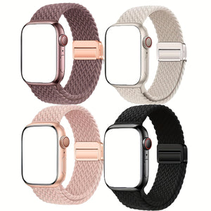 4 Pack Braided Metal Magnetic Buckle Band Compatible with Apple Watch WomenMen 49mm 46mm(2024 $eries 10) 45mm 44mm 42mm, Stretchy Nylon Sport LoopStrap for lWatch Ultra 2/1 Series 10 9 8 SE7 6 5 4 3 2 1