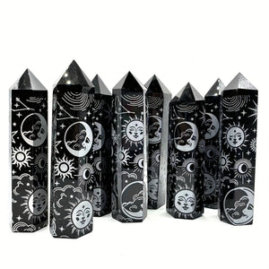 Black Obsidian Seven Main Chakras Symbolic Crystal Tower Healing Crystal The Seven Chakras Wand For Spiritual Use Hexagonal Point Reiki Chakra Gemsone Home Office Decoration