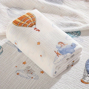 Soft Foldable Swaddle Blanket for Newborns - White with Green Elephant & Umbrella Print, Light Beige-Friendly Cotton, Perfect for Bath Time & Cuddling, Baby Blanket, Newborn Care, Playful Print, Wrinkly Texture