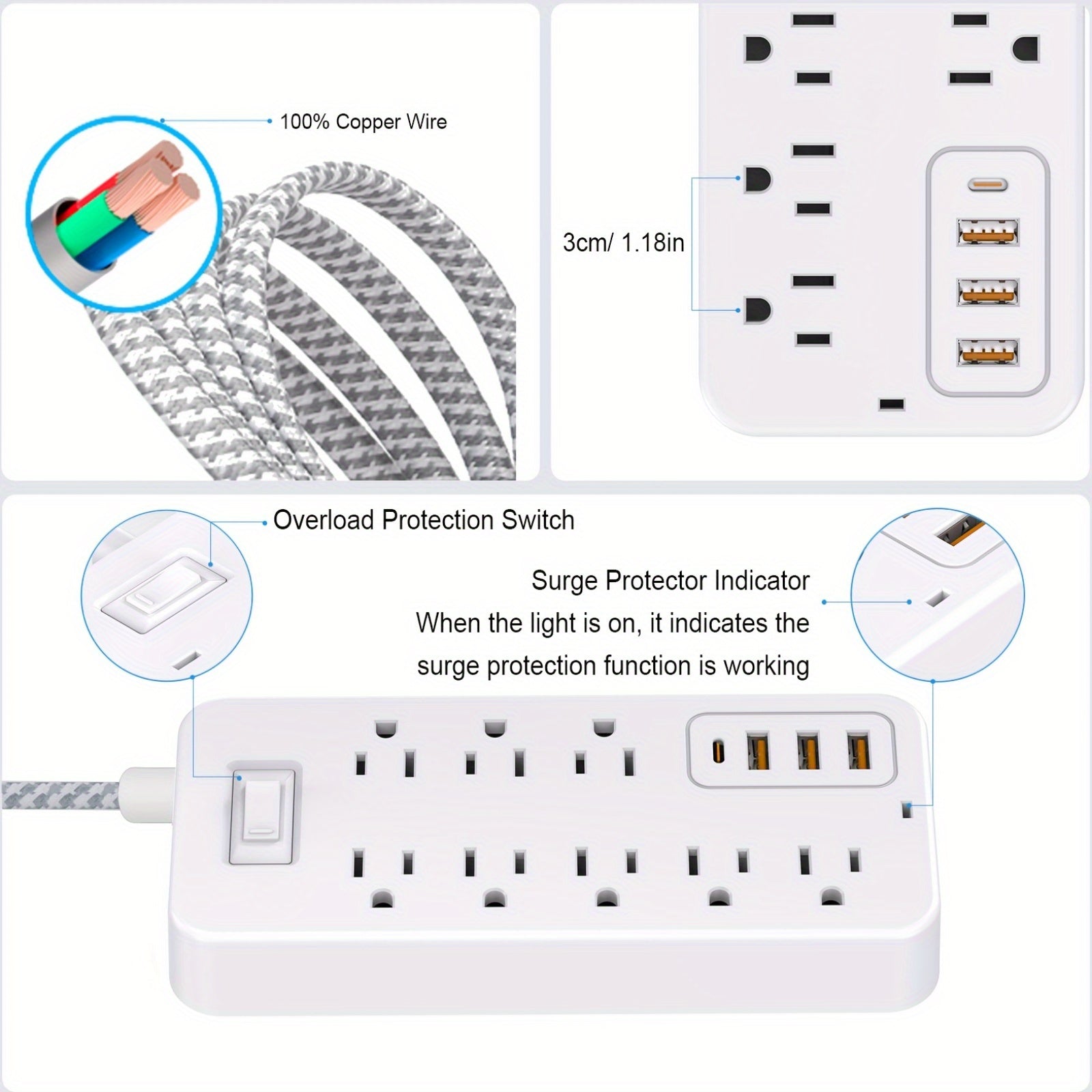 [Multi-socket Power Expander] 12-in-1 Multi-socket Power Expander - Power Board Surge Protector with 8 Wide Sockets, 3 USB, 1 Type-C - A Must-have Travel Item