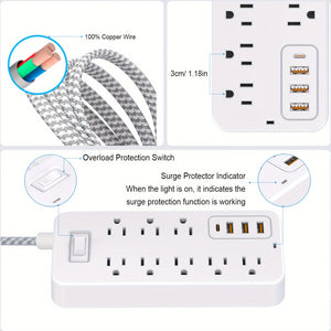 [Multi-socket Power Expander] 12-in-1 Multi-socket Power Expander - Power Board Surge Protector with 8 Wide Sockets, 3 USB, 1 Type-C - A Must-have Travel Item