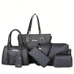 Elegant & Versatile 6-Piece PU Leather Bag Set: Tote, Boston, Clutch with Stylish Patterns, Secure Zip & Comfort Straps