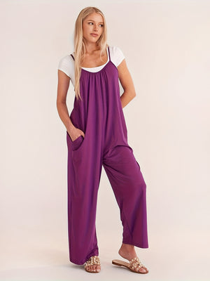 Women'S Solid Color Slip Pocket Loose Suspender Jumpsuit