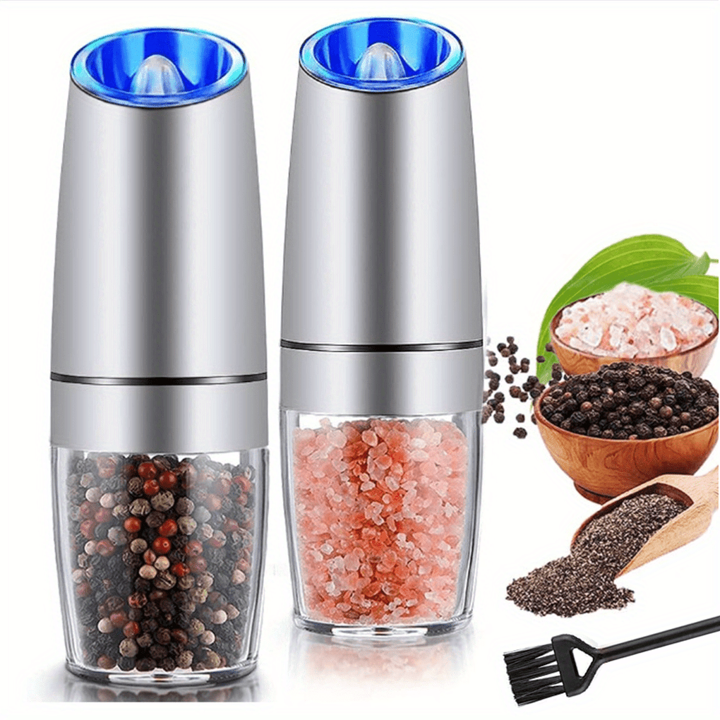 1pc/2pcs Set Gravity Electric Salt and Pepper Grinder, Salt Or Pepper Mill & Adjustable Coarseness, Battery Powered With LED Light, One Hand