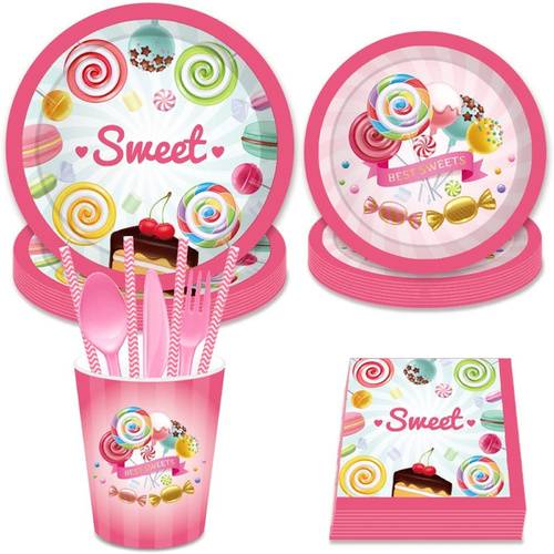 Candyland Plates Colorful Candies Lollipop Paper Plates Party Supplies 68PCS Set US Local Shipping