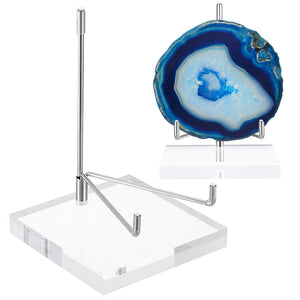 Clear Acrylic Display Stand Holder with Adjustable Metal Arms, Gold Plates Display Stand Easel for Plate Geodes Fossils Minerals Crystals