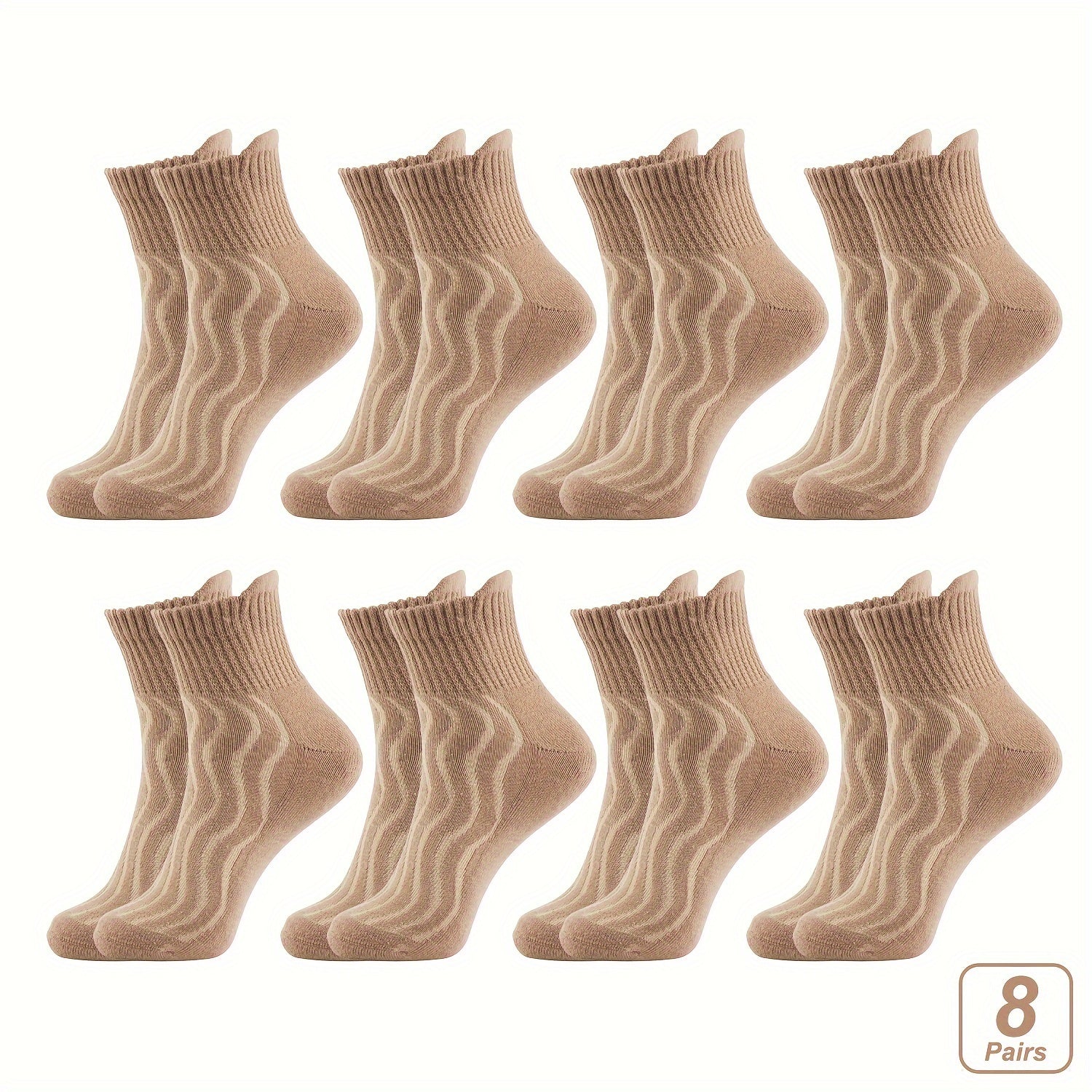 [Non-Binding | Breathable] 8 Pairs Non-Binding Wide Ankle Socks | Breathable Cotton Blend, Seamless Toe, Wavy Texture for Enhanced Circulation & Comfort, Beige, Accessories for Women & Men