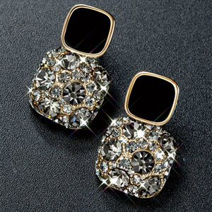 Square Design With Full Shiny Rhinestone Decor Enamel Dangle Earrings Retro Elegant Style Zinc Alloy 14K Gold Plated Jewelry Trendy Female G