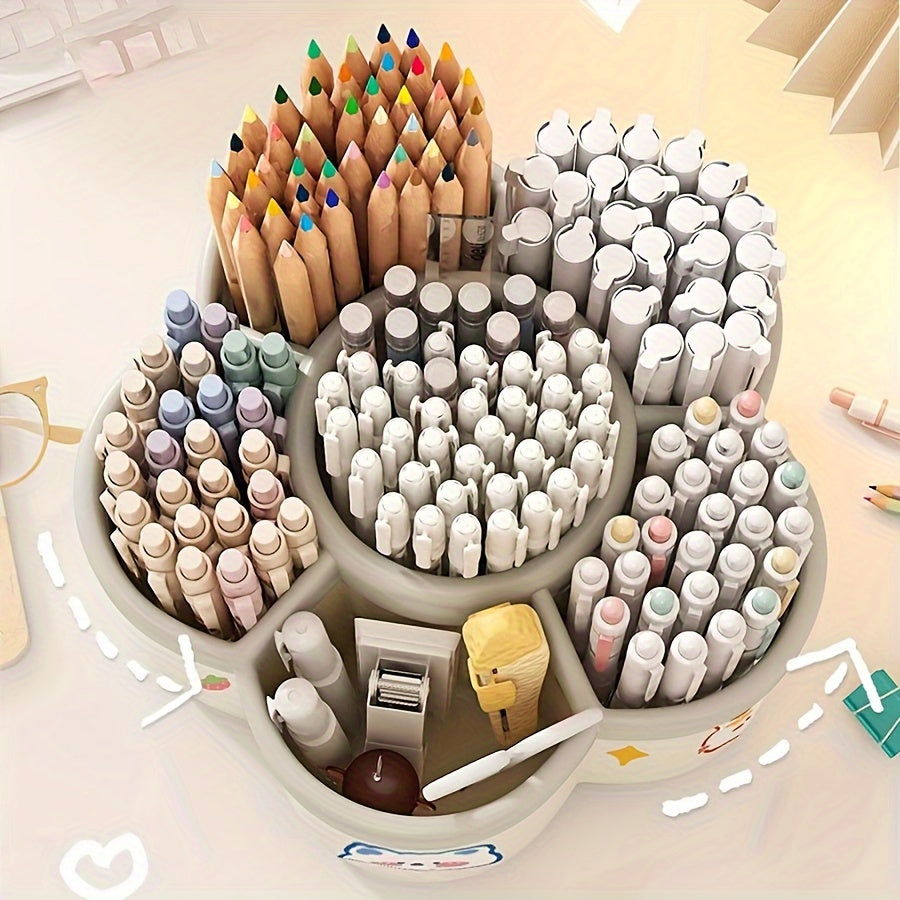 360-Degree Rotating Desk Organizer Set (1-Pack/2-Pack) - Cute Multi-Functional Stationery Holder with Large Capacity - PVC Round Pen & Art S