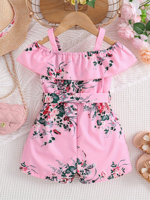 Girls Casual Ruffled Off-Shoulder Dress Flower Graphic Jumpsuit For Summer Girls Clothes