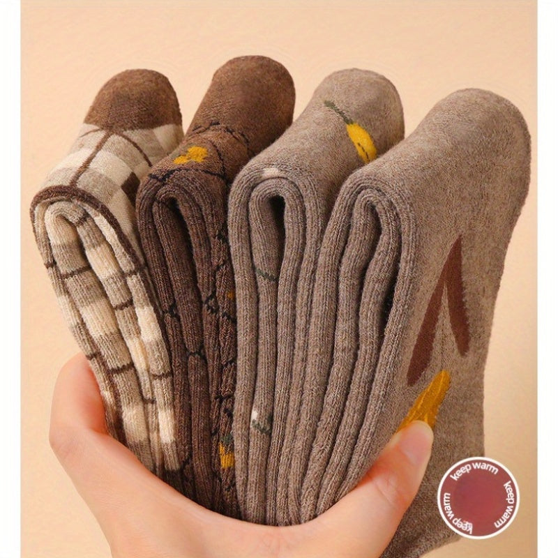 10 Pairs Velvet Thickened Warm Terry Cotton Socks for Women - Cute Medium Tube Casual Stockings, Cotton Blend, Knit Fabric, All-Season, Machine Washable