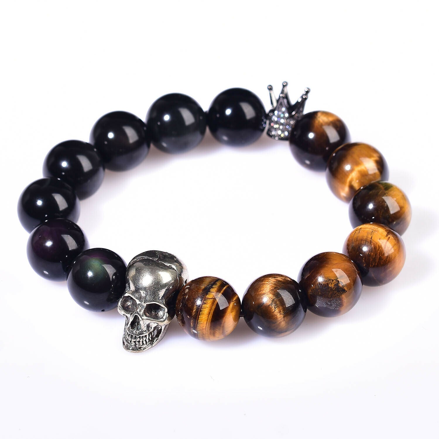 Tigers Eye and Obsidian Mixed Bracelet Reiki Skull Fashion Chakra Crystal Beads