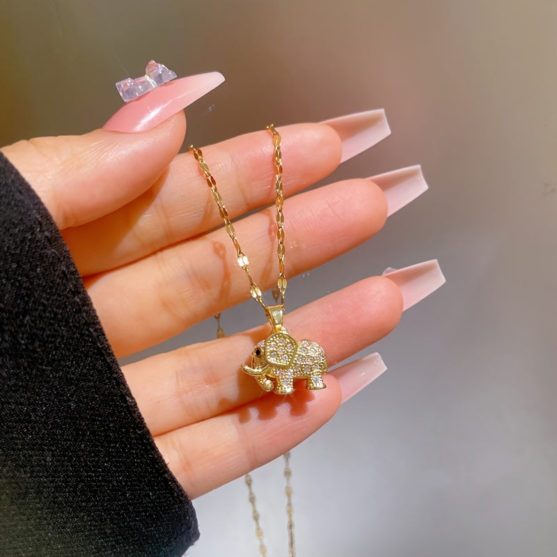 Chic Golden Elephant Pendant Necklace with Sparkling Cubic Zirconia - Elegant Titanium Steel Collarbone Chain for Women, Perfect Gift for Va