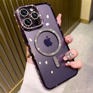 Luxury Artificial Diamond Glitter Magnetic Charging Silicone Soft Case For IPhone 15 14 13 12 Pro Max Plus 11 Transparent Shockproof Cover