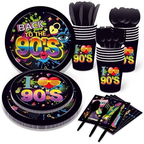 90s Birthday Paper Plates Party Skating Post Tape Audio Hip Hop Party 68PCS Set US Local Shipping