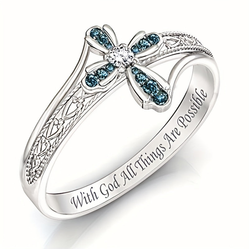 1pc Exquisite And Fashionable Blue Zircon Cross Ring For Men And Women, Jewelry Gift