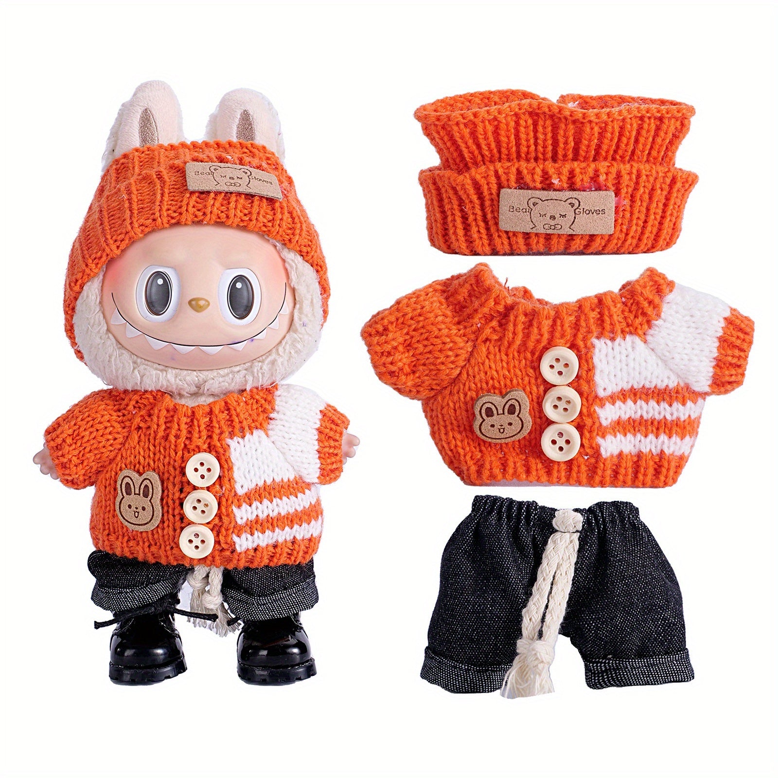 17cm Doll Clothes For Labubu With 3 Outfits - Stylish Fisherman Hat & Sweaters & Pants Or Skirt Set For 17cm Dolls, Adorable Labubu Accessories For Play & Display (Not Included Shoes & Doll)