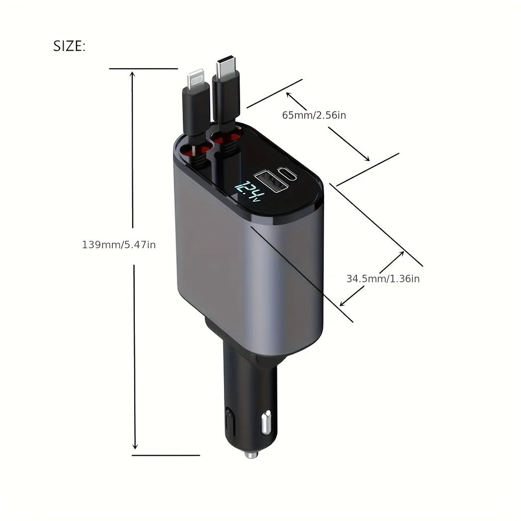 Digital display super fast charge 120W metal car charger 3-in-1cigarette lighter with wire car charger