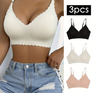 3-Piece Chic Wavy Trim Bralettes - Seamless & Breathable for Daily Comfort | Wireless Intimates Set - Everyday Elegance