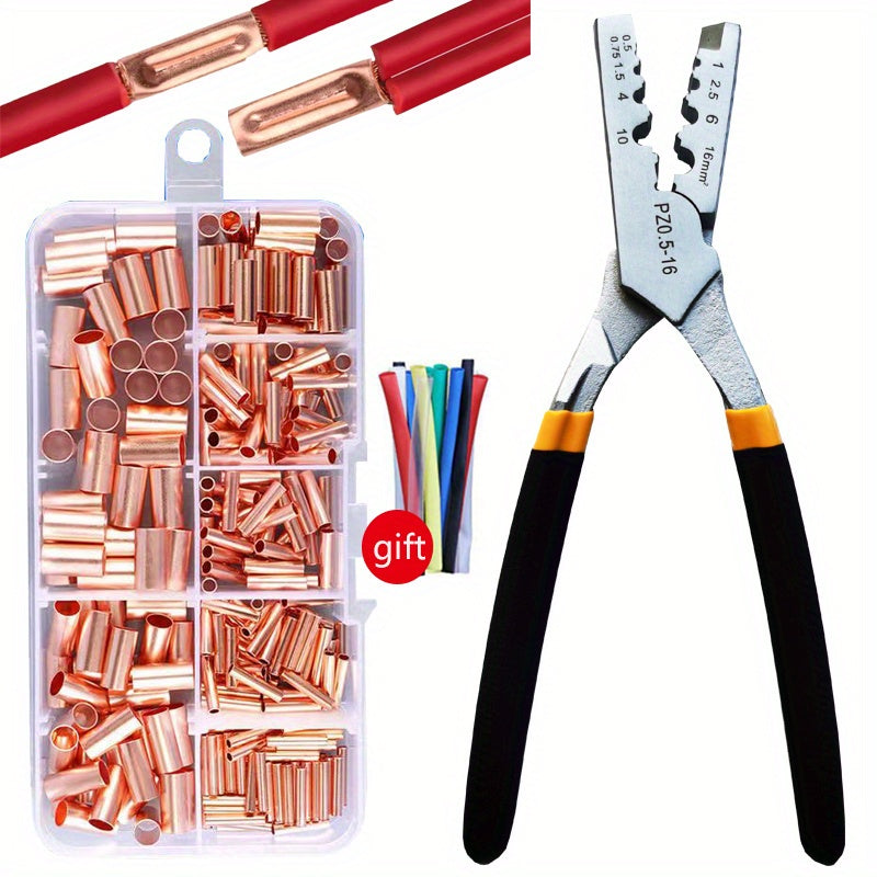 250pcs Copper Connecting Pipe Kit With Crimping Pliers - Perfect For Wire Joints & Cable Lugs!