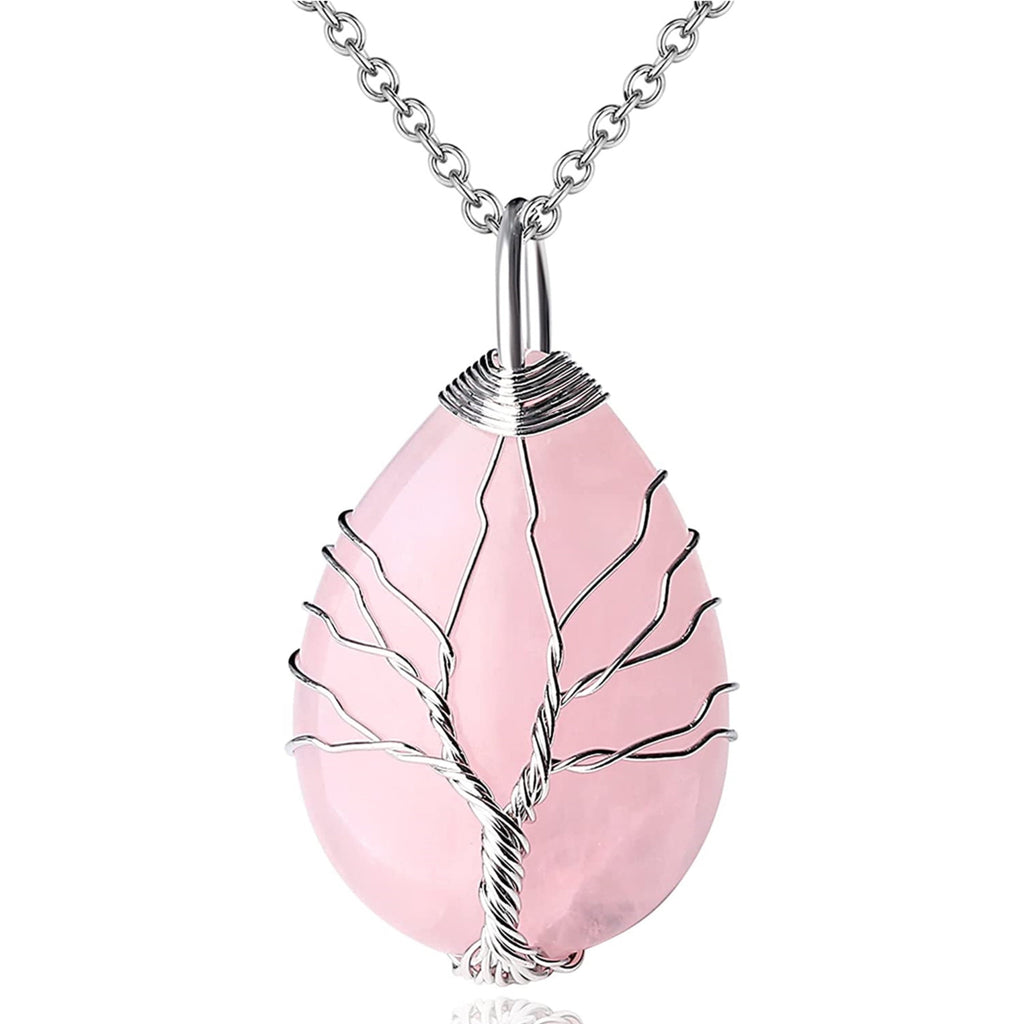 Rose Quartz Healing Crystal Necklace Tree Life Wire Wrapped Teardrop Crystals Stone Pendant Necklaces Natural Reiki Quartz Gemst