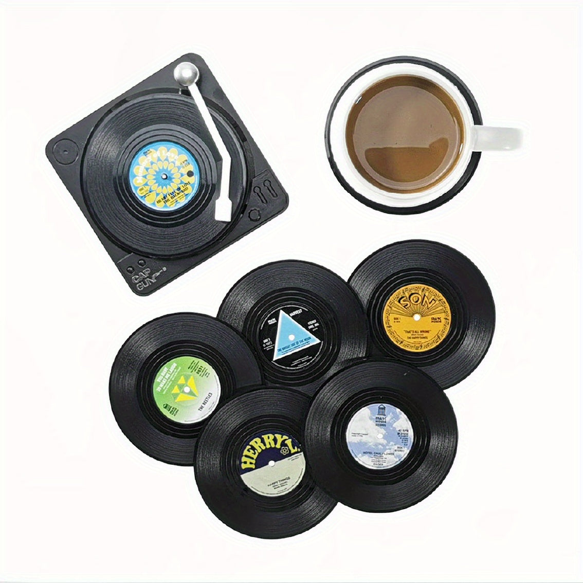 6pcs, Non-Slip Vinyl Record Coasters with Holder - Heat Insulated Cup Mat for Home and Room Decor - Drinkware Accessories