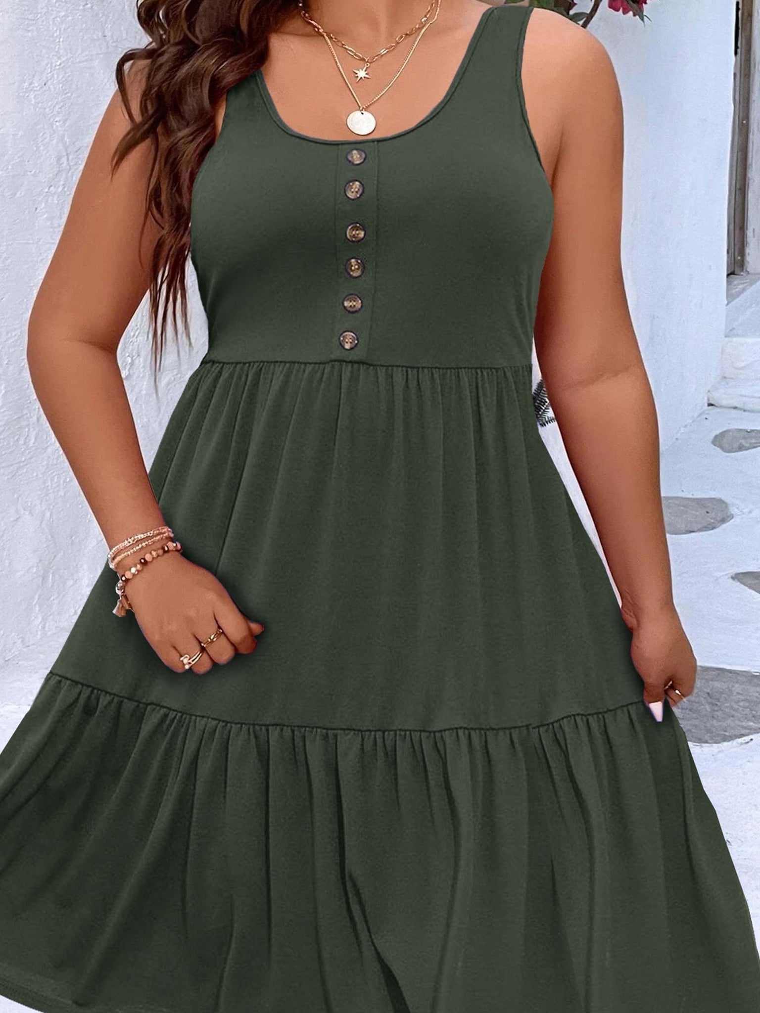 Plus Size Casual Loungewear, Women's Plus Ruffled Hem Button Detail Medium Stretch Comfort Tank Dress