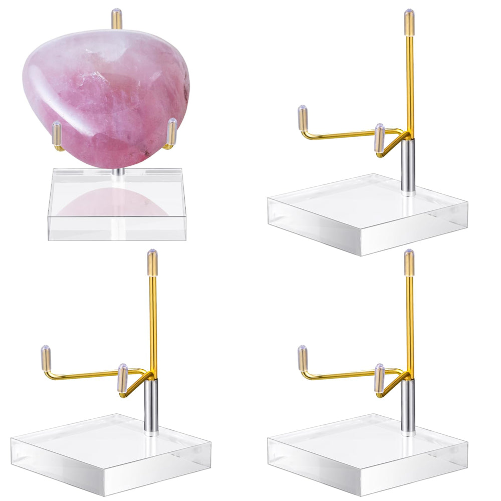 Kigley 4 Pcs Adjustable Metal Arm Display Stand Easel with Clear Acrylic Base for Gemstones Crystal Mineral Agate Plates