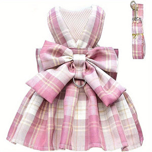 Plaid Dog Dress Bow Tie Harness Leash Set For Small Dogs Cats Cute Princess Dog Dresses Spring Summer Puppy Bunny Rabbit Clothes Bowknot Tut