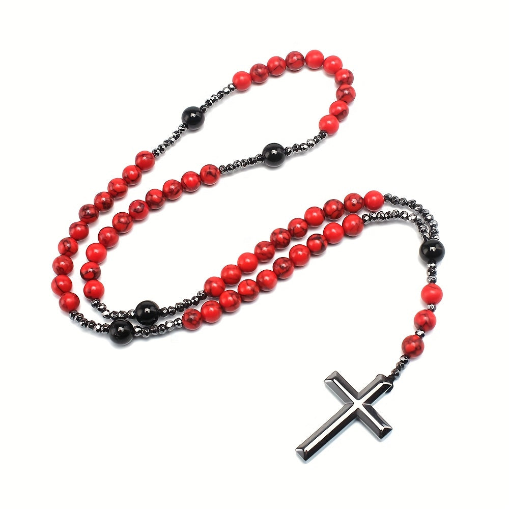 Cross-border Export Natural Stone 8mm Red Pine Stone Black Agate Black Gallstone Cross Rosary Necklace For Men Long Chain