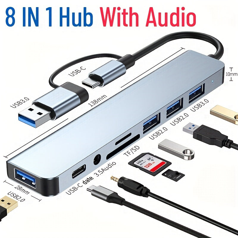 8 IN 2 Type C 8 Ports HUB High Speed USB 3.0 HUB Splitter Card Reader PD 87W Multiport With SD TF Ports 3.5mm Audio For Macbook Computer Acc