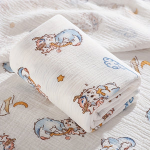 Soft Foldable Swaddle Blanket for Newborns - White with Green Elephant & Umbrella Print, Light Beige-Friendly Cotton, Perfect for Bath Time & Cuddling, Baby Blanket, Newborn Care, Playful Print, Wrinkly Texture