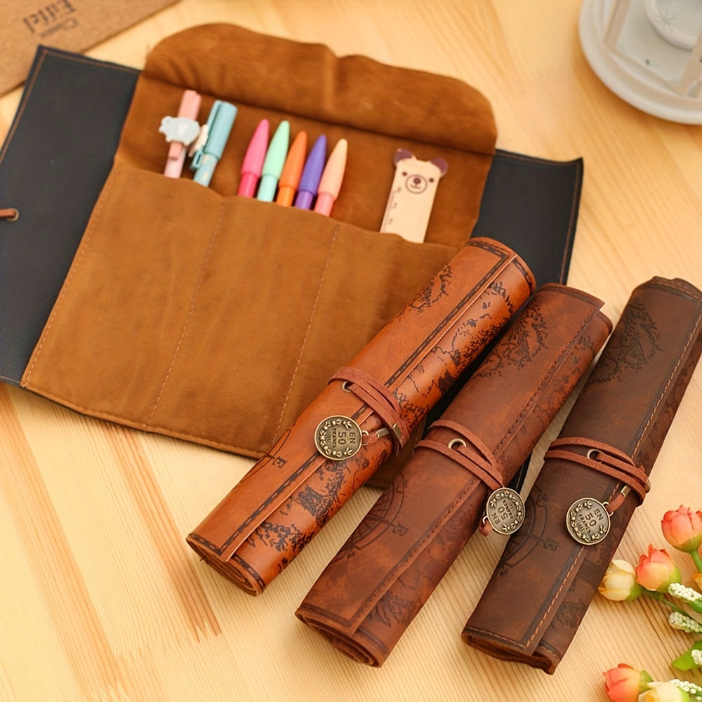 Vintage Retro Treasure Map Luxury Roll Leather Make Up PU Cosmetic Pen Pencil Case Pouch Purse Bag For School HOT