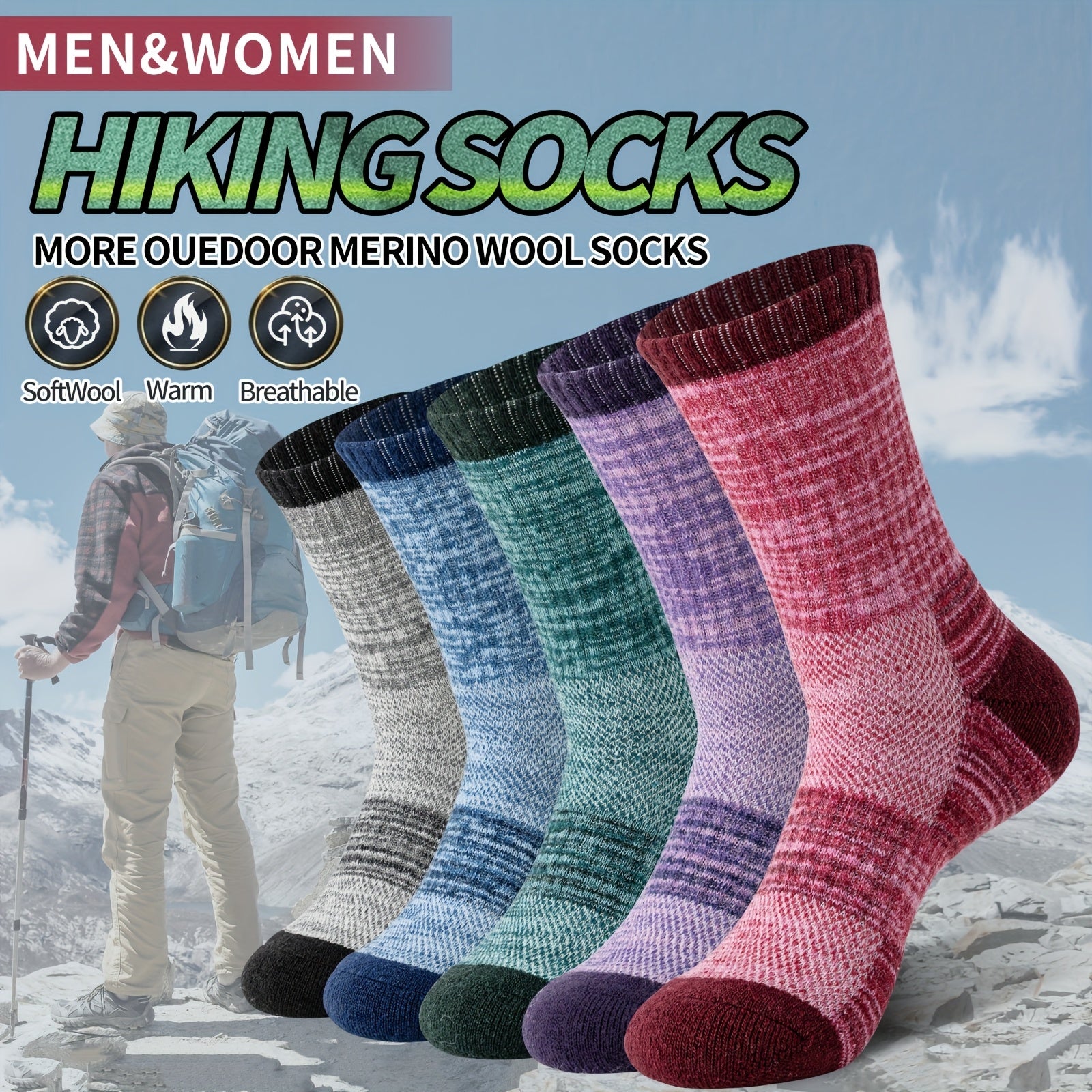5 Pairs Merino Wool Hiking Socks Outdoor Men&Women Trail Running Trekking Moisture Wicking Cushion Crew Socks