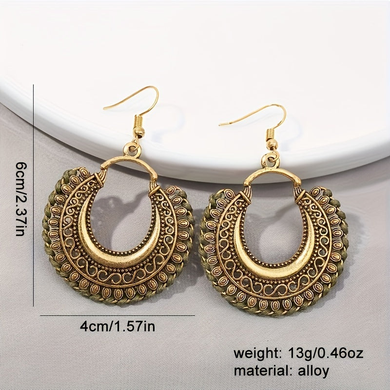 Vintage Round Shape Carved Pattern Dangle Earrings Retro Bohemian Style Alloy Jewelry Delicate Female Gift